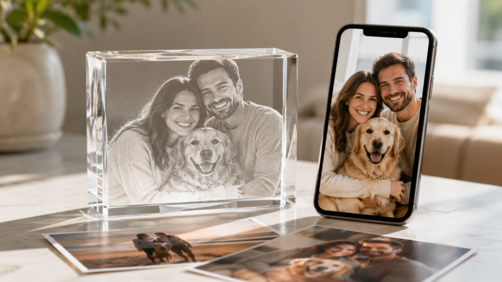 Original portrait photo beside a personalized 3D crystal engraving