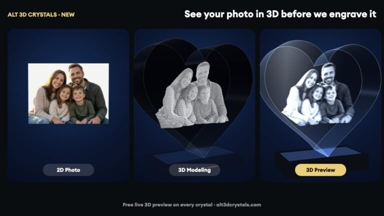 A photo shown as a 2D photo, a 3D model and a 3D preview inside a heart crystal
