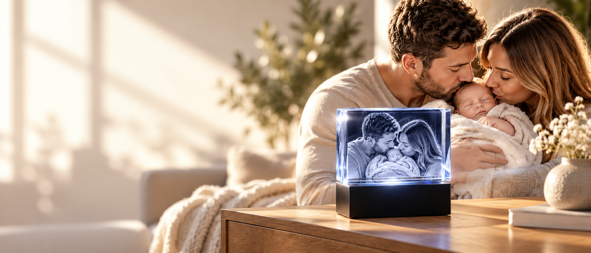 Parents kissing their newborn beside a personalized 3D photo crystal glowing on a light base