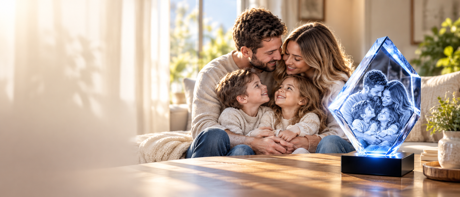 Family of four hugging next to a diamond-shaped 3D crystal engraved with their portrait