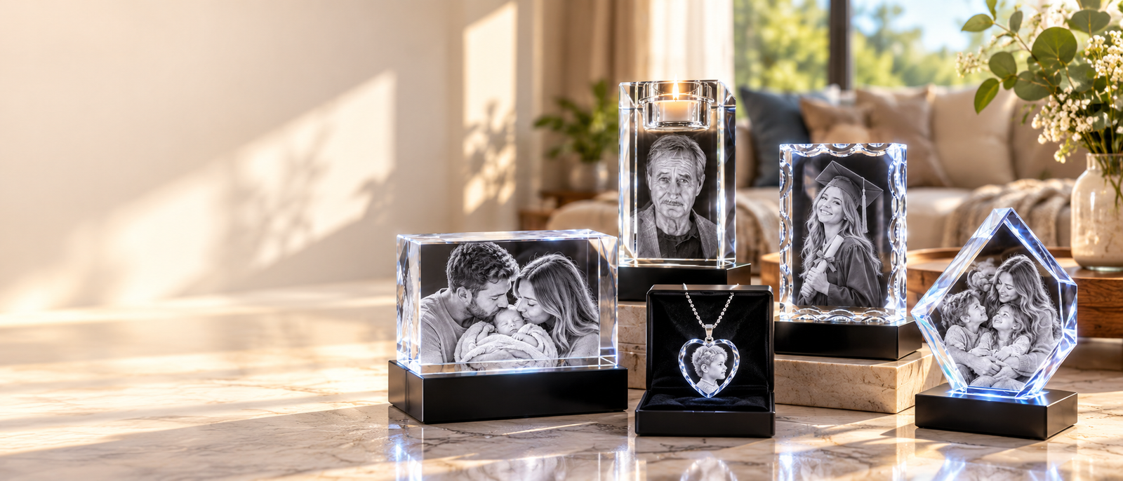 Collection of 3D photo crystals, a heart pendant and a candle crystal glowing on a marble table